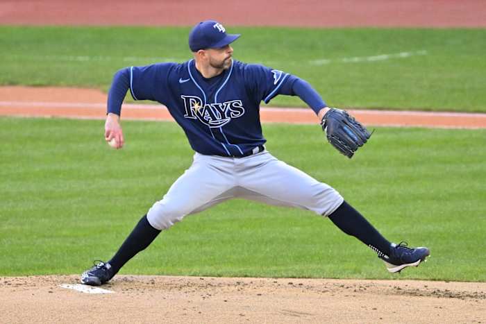 Tampa Bay Rays starting pitcher Corey Kluber (28) delivers a pitch in the first inning against the Cleveland Guardians at Progressive Field. (David Richard-USA TODAY Sports)